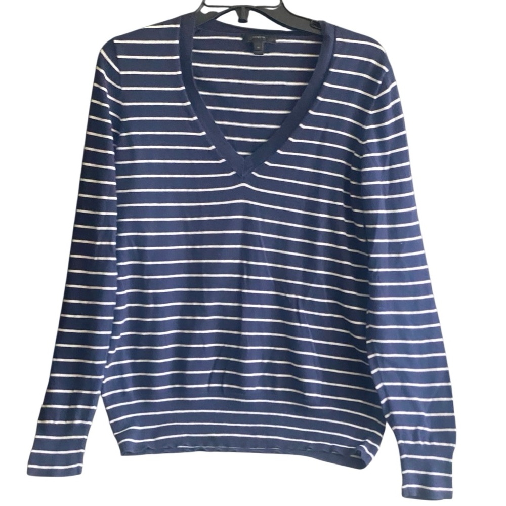J Crew Navy and White Striped V-Neck Top. Size Medium